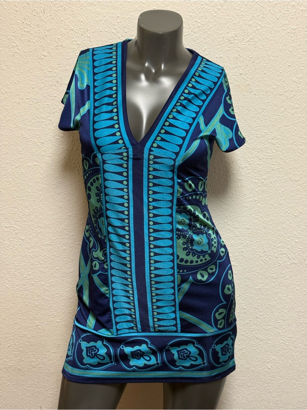 Banana Republic Navy and Teal V-Neck Printed Mini Dress
